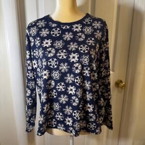 Lands End Navy Blue Long Sleeve Snowflake Cotton Shirt Size Large Petite